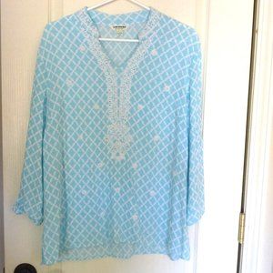 7Antrums aqua white embellished tunic top lace beads rayon L printed lattice